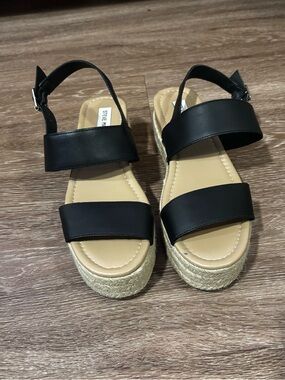 Steve Madden Black Leather Espadrille Platform Sandals